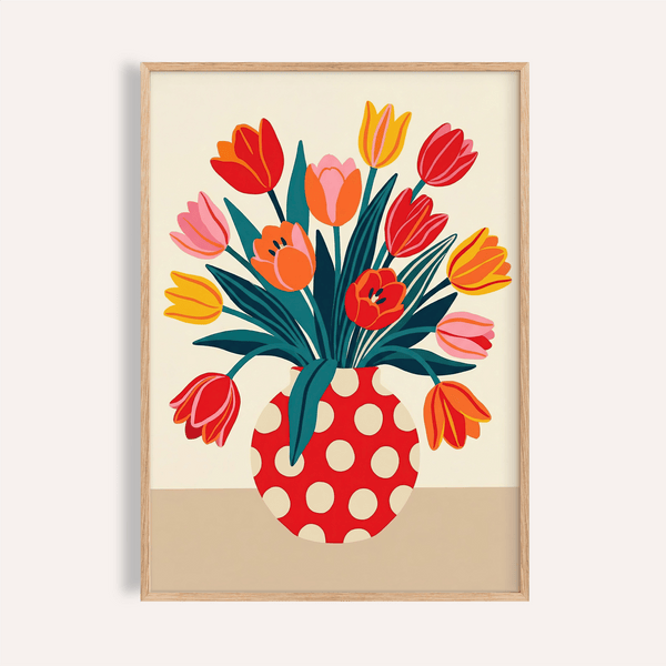 Impression artistique florale avec rouge, orange, vert ; décoration murale pour salon