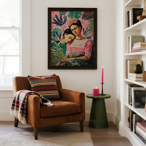 Impression expressive inspirée d'un autoportrait de Frida Kahlo, avec une couronne florale et des feuilles vertes.