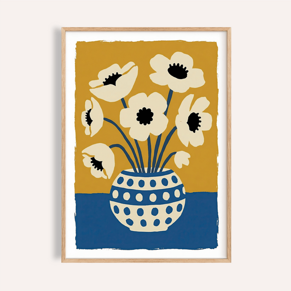 Impression artistique florale bleue et jaune pour salon, décoration murale