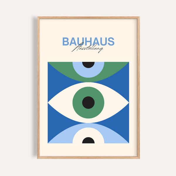 Impression artistique sur le thème des yeux en bleu, vert et blanc pour décorer les murs d'un salon moderne