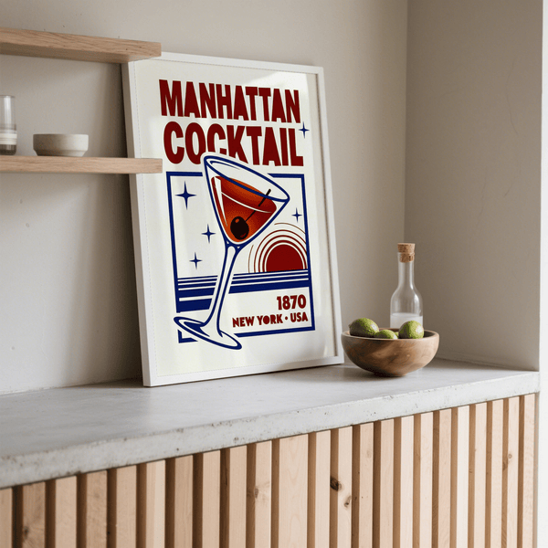 Manhattan Cocktail Art Print with strong red and blue for hallway wall art