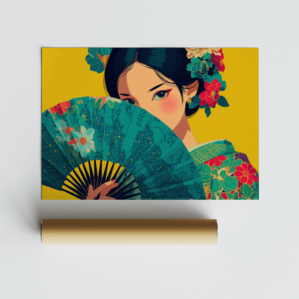 Décoration murale japonaise représentant une geisha, dans des tons jaune vif et vert apaisant, pour une impression dans l'entrée.