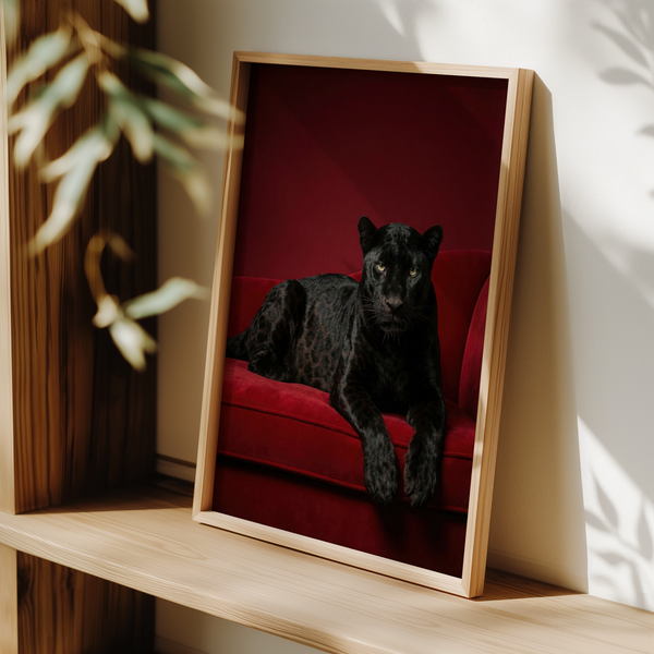 Luxury Panther Art with deep red background, black panther, upscale bedroom