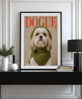 Affiche murale Shih Tzu utilisant les couleurs vert, rouge et beige pour la décoration d'une entrée.
