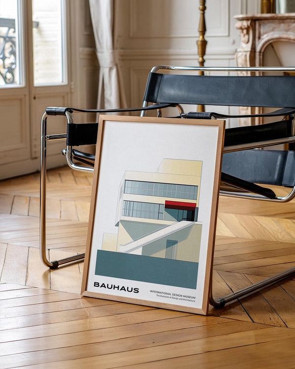 Un bâtiment minimaliste de style Bauhaus avec des détails rouges pour les amateurs d'art moderne géométrique du milieu du siècle.