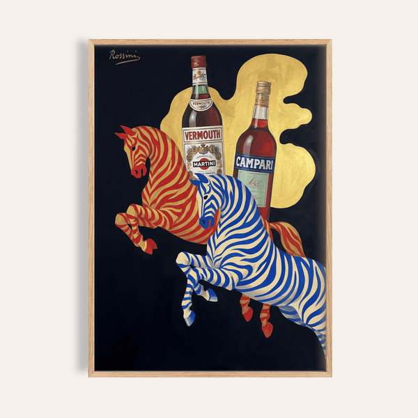 Impression artistique vintage sur le thème des boissons, en rouge, bleu et beige, pour décorer les murs de votre cuisine.