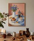 Impression artistique « Petit-déjeuner », pancakes et baies avec des accents bleus et blancs, décoration pour salle à manger