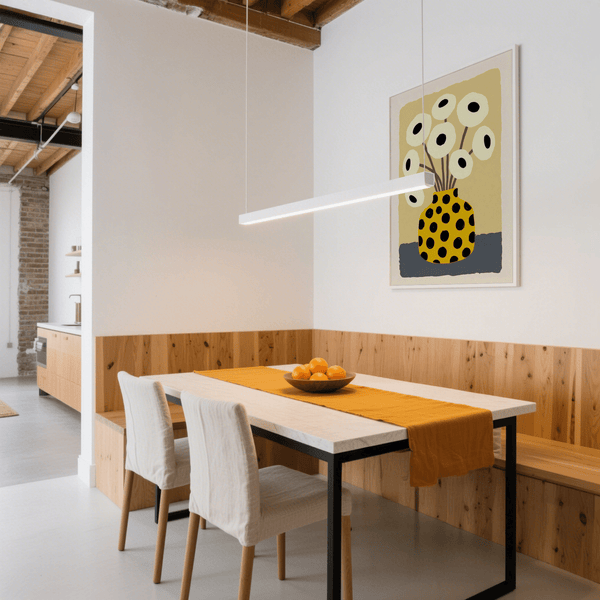 Affiche abstraite « Yellow Vase » en jaune, noir, beige et bleu pour la salle à manger