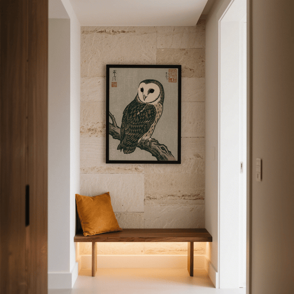 Impression artistique représentant un hibou japonais en brun et gris, pour une décoration murale apaisante