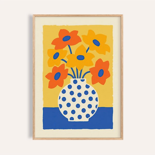 Poster Vase et fleurs pour décorer le mur de votre salon, dans les tons orange, jaune et bleu