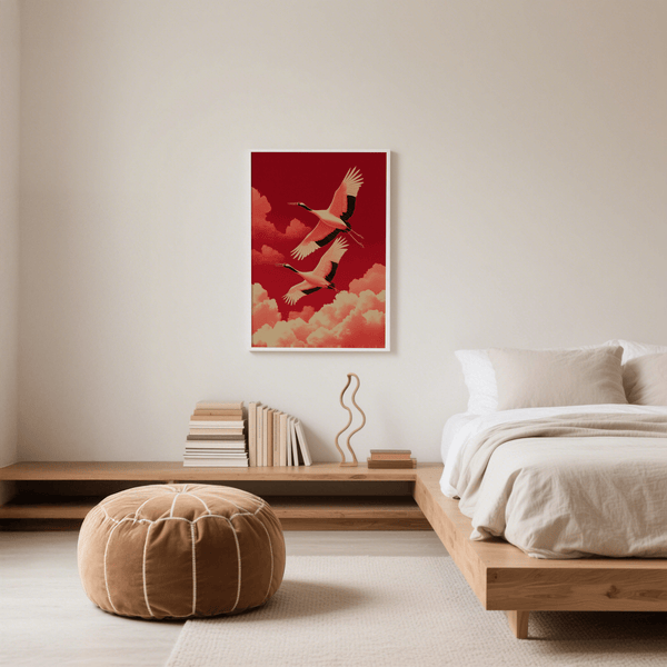 Cranes Flying Wall Art, couleur rouge, coin lecture confortable, affiche