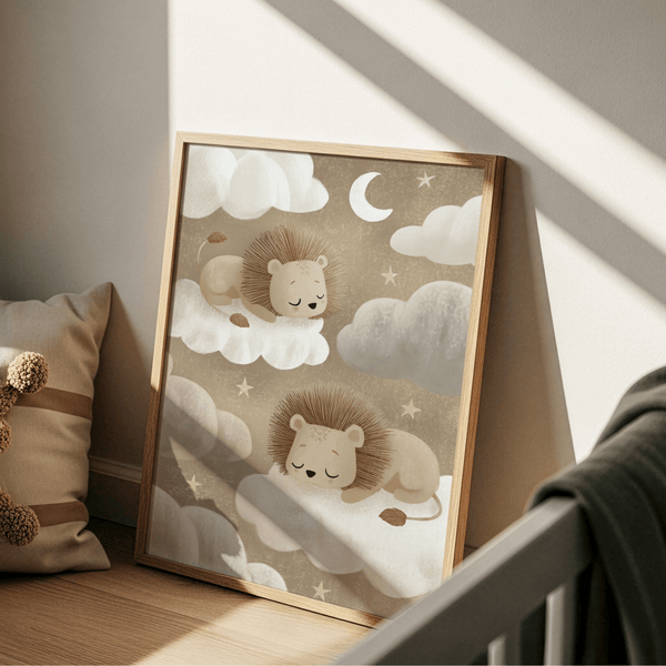 Impression artistique Lions Nursery aux couleurs douces pour décorer les murs de la chambre d'un petit garçon.