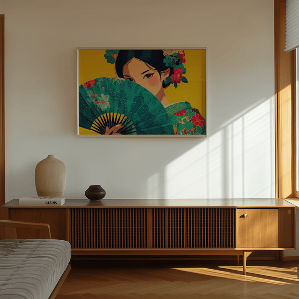 Décoration murale japonaise représentant une geisha, dans les tons verts et jaunes, pour une impression sereine dans votre bureau.