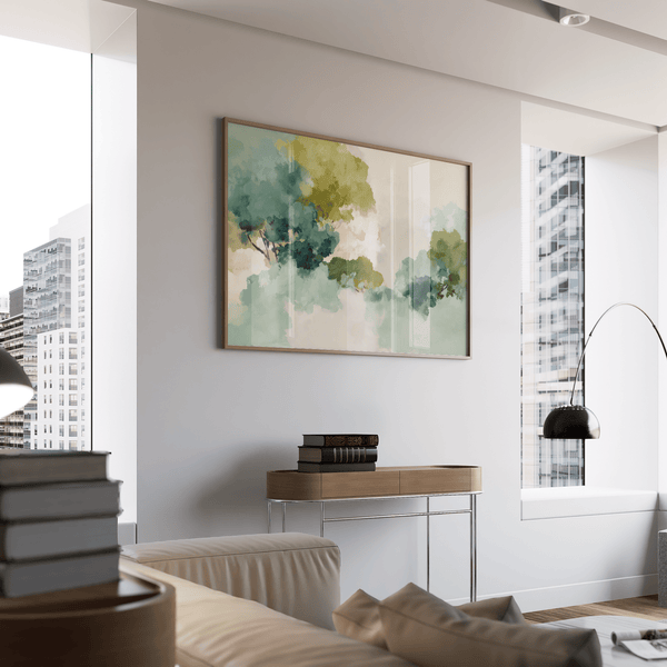 Art mural abstrait serein vert, palette verte et beige pour entrée