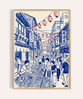 Japanese Street Market Art print with Blue, Red, and White in kitchen wall art