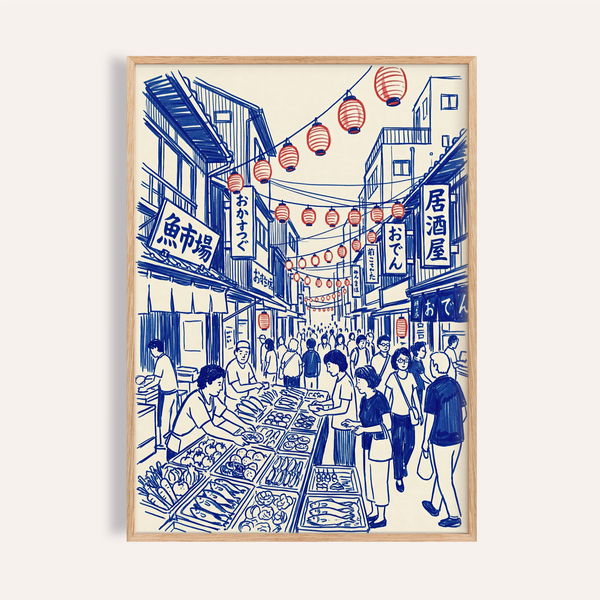Japanese Street Market Art print with Blue, Red, and White in kitchen wall art