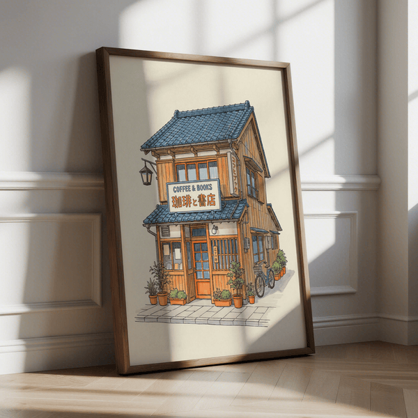 Art japonais dans un café, orange vif et bleu pour une affiche dans le couloir