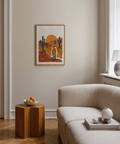 Impression artistique représentant un paysage désertique avec des cactus et des nuances orange, vertes et brunes pour la décoration d'une chambre à coucher.
