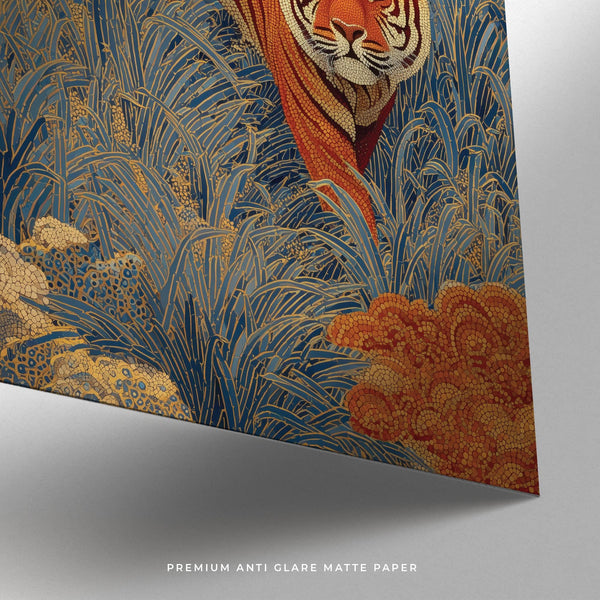 Impression artistique traditionnelle japonaise représentant un tigre sûr de lui en pleine course.