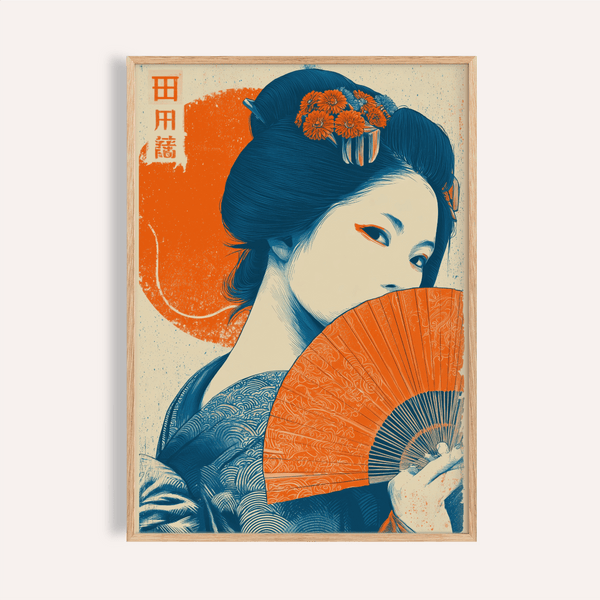 Imprimé rétro Geisha orange et beige pour décorer les murs de votre salon