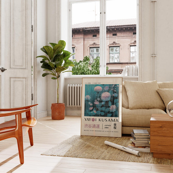 Impression artistique verticale bleu sarcelle représentant des pissenlits, pour une décoration intérieure élégante.