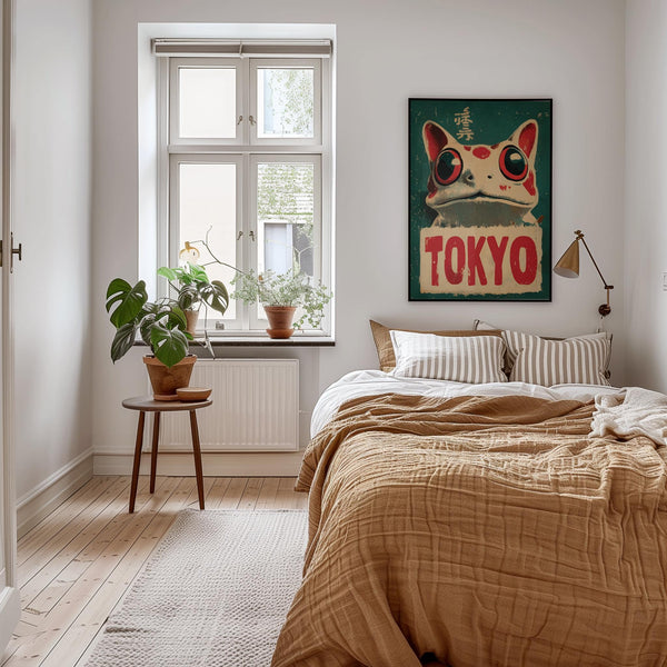 Affiche japonaise encadrée représentant une grenouille, issue d'une galerie d'estampes consacrées aux grenouilles