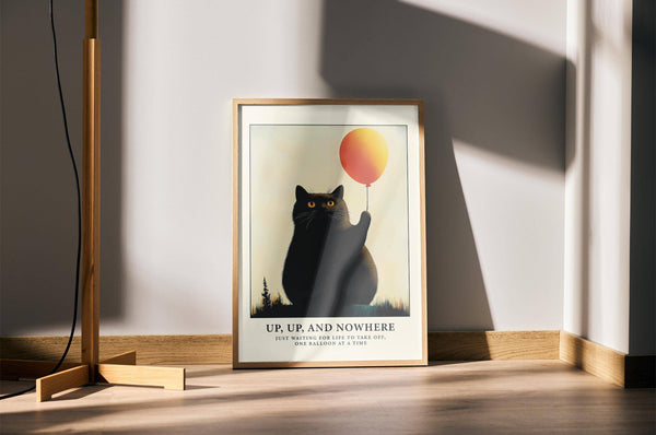 Affiche humoristique représentant un chat noir avec un ballon orange vif, pour décorer votre bureau.