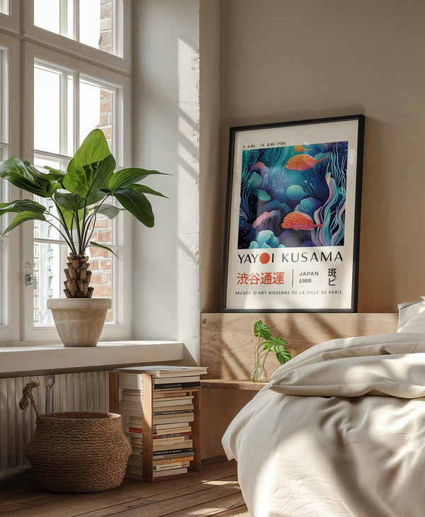 Impression artistique océanique avec des motifs Kusama dans un art coloré représentant des poissons