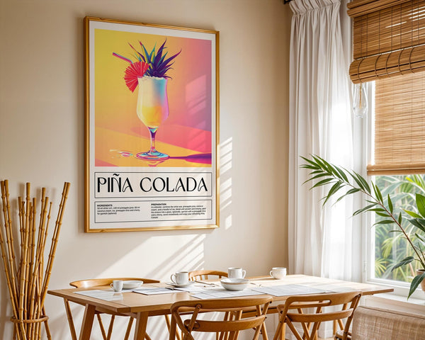 Imprimé Piña Colada aux couleurs vives, idéal pour une collection d'œuvres d'art murales sur le thème des boissons.