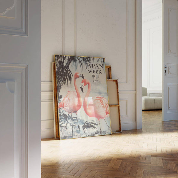 Impression murale encadrée illustrant la beauté et l'équilibre dans des imprimés de flamants roses