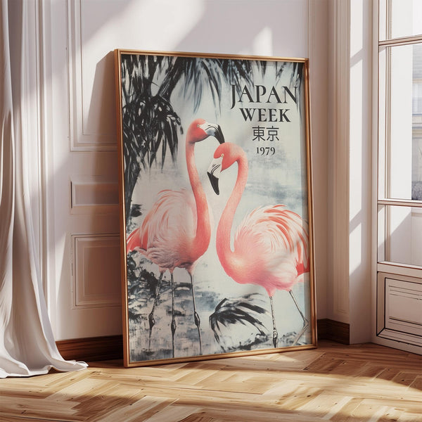 Salon de style japonais avec des reproductions encadrées de flamants roses