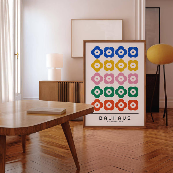 Unique Bauhaus print design with multi-coloured elements