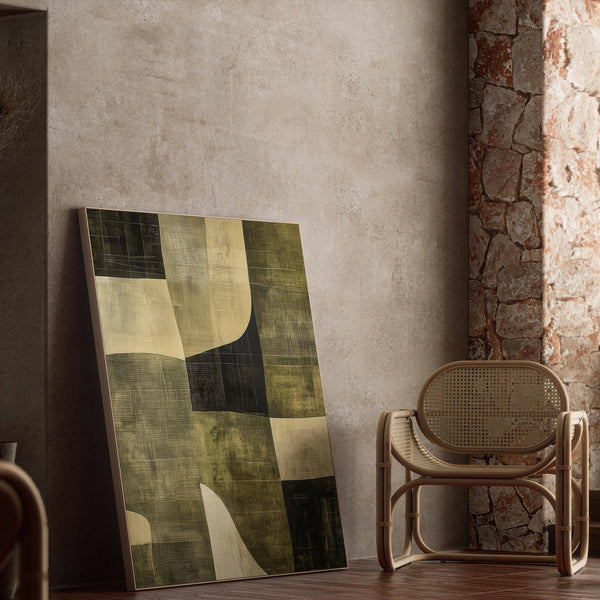 Esthétique abstraite d'une oliveraie dans une décoration murale verte wabi sabi