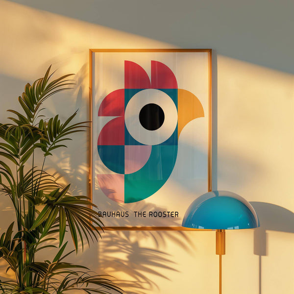 Affiche artistique représentant un coq rouge, jaune et bleu audacieux dans un motif géométrique