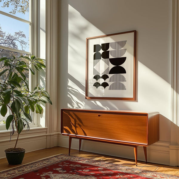 Décoration murale géométrique en noir et blanc avec des motifs structurés