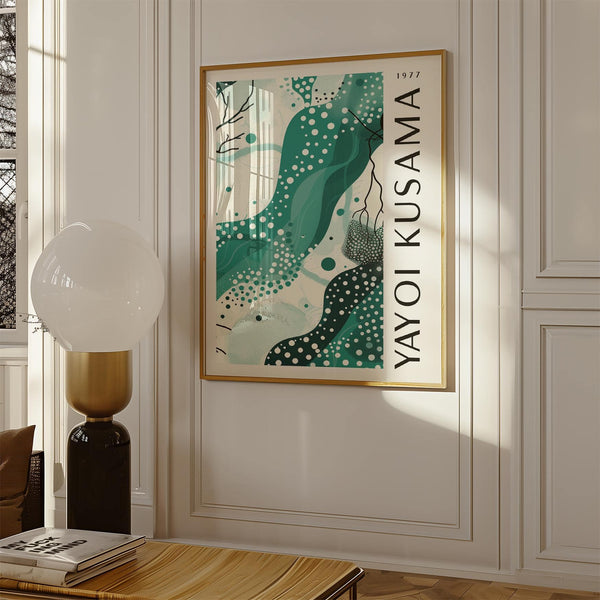 Affiche noire, blanche et verte inspirée par Yayoi Kusama