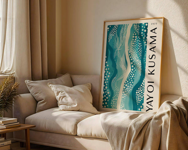 Impression artistique abstraite ondulée avec des points blancs et des accents bleu sarcelle