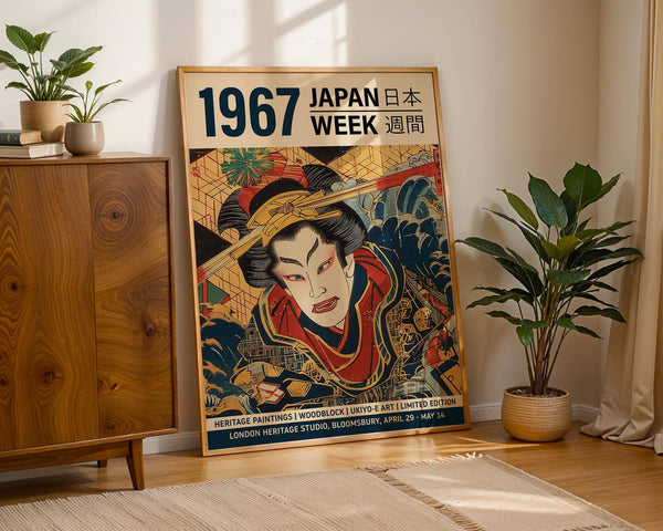 Impression artistique Japandi avec armure rouge et arrière-plan japonais stylisé

