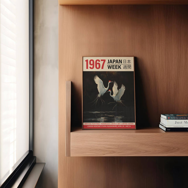 Impression artistique représentant une grue avec un contraste de couleurs noir, blanc et rouge