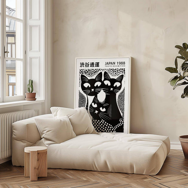Affiche artistique représentant un chat noir très contrasté avec des détails modernes