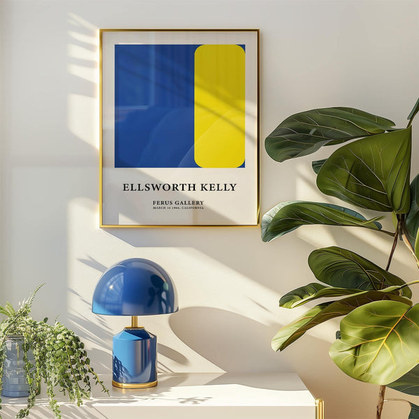 Vibrant minimalist art print with geometric yellow and blue composition for office decor