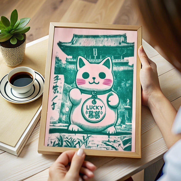 Charm traditionnel japonais représentant un chat, présenté dans un imprimé moderne porte-bonheur.