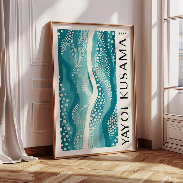 1977, tableau abstrait bleu sarcelle avec des formes fluides et des motifs en pointillés