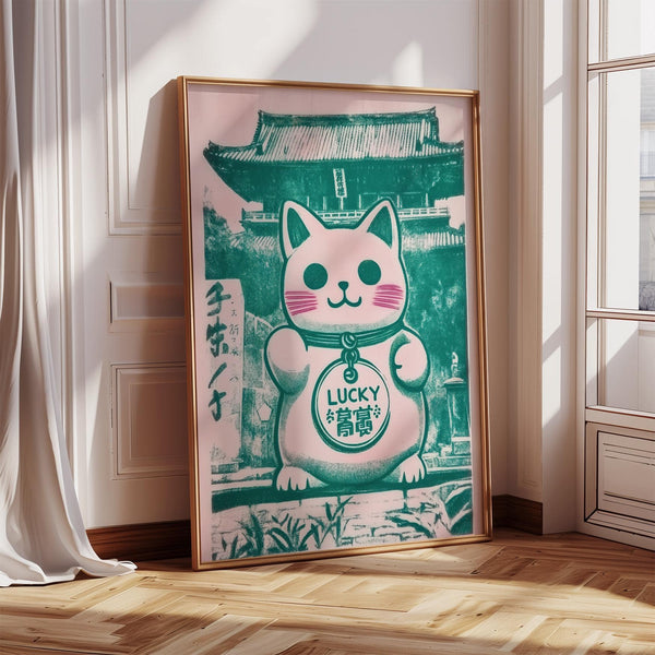 Imprimé japonais représentant un chat porte-bonheur symbolisant la prospérité et la chance