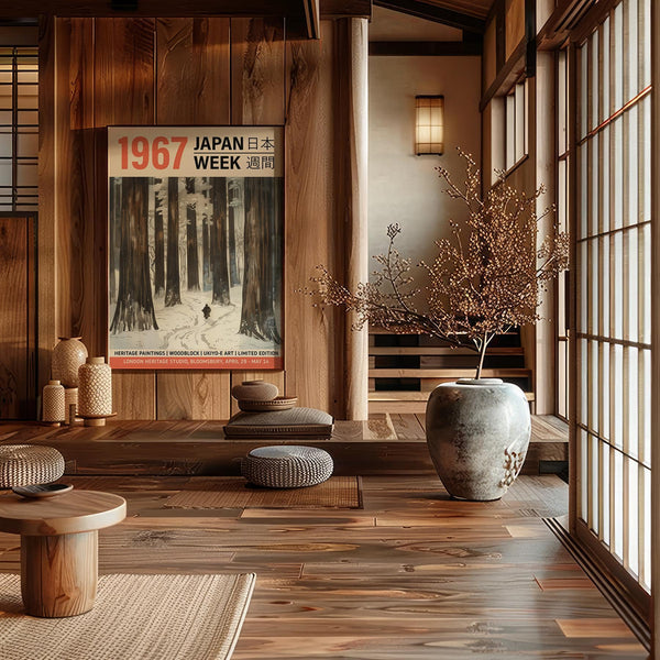 Des reproductions artistiques représentant des forêts hivernales paisibles pour décorer les murs d'une chambre à coucher tranquille de style Japandi.