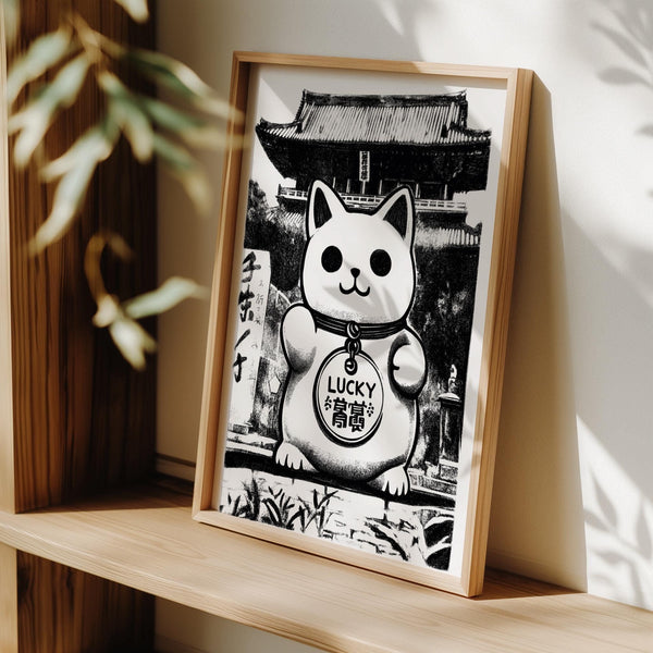 Décoration murale asiatique encadrée avec illustration monochrome Maneki Neko