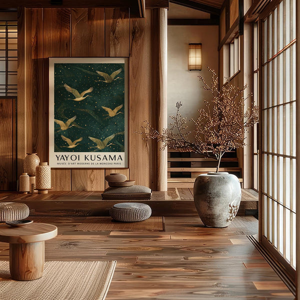 Décoration murale représentant une grue japonaise, avec des détails audacieux et luxueux