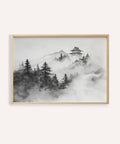 Art minimaliste représentant une montagne et un temple japonais, réalisé à l'encre noire et blanche.