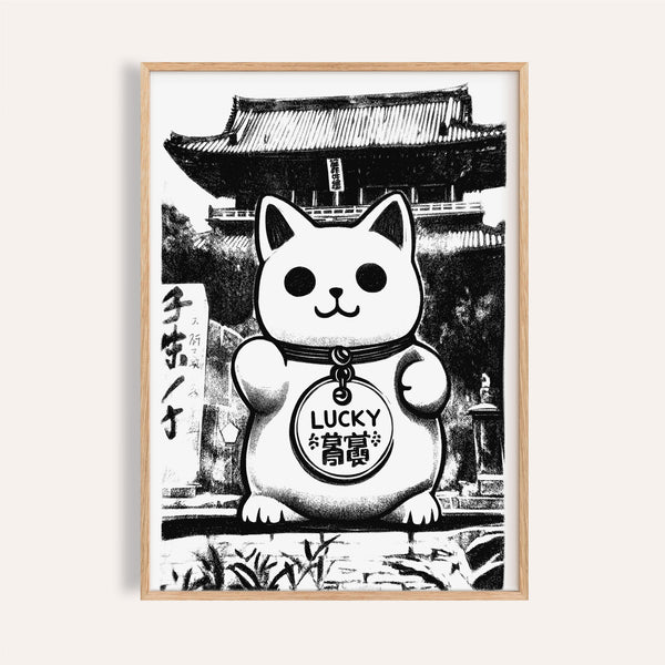 Décoration murale asiatique avec un imprimé minimaliste représentant un chat porte-bonheur