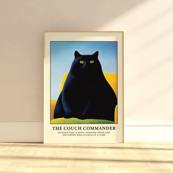Affiche humoristique représentant un chat noir audacieux, pour les amoureux des chats aux goûts contemporains.